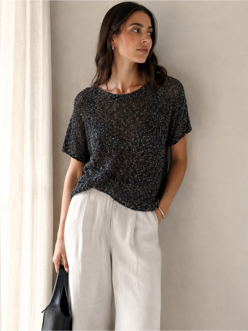 Eileen Fisher Black Organic Italian Yarn Open Weave Sweater Shirt